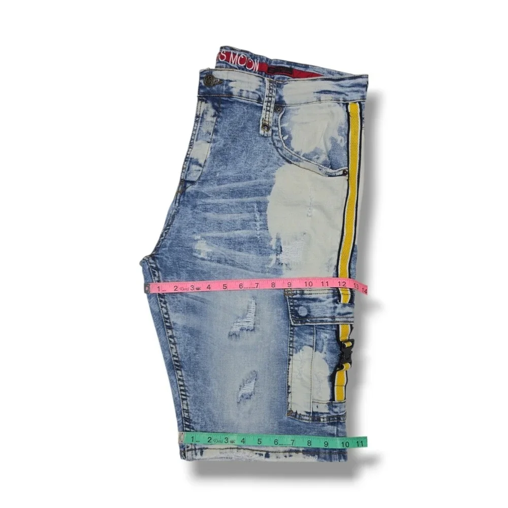 Smugglers Moon Distressed Dk Acid Wash Denim Cargo Shorts Lime Piping Men's 42